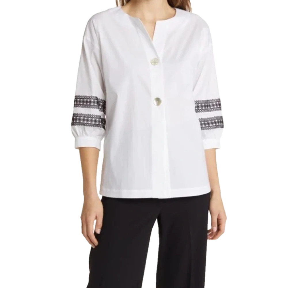 Ming Wang Sz S White Cotton Poplin Button-Up Shirt Black Embroidery Trim Nwt